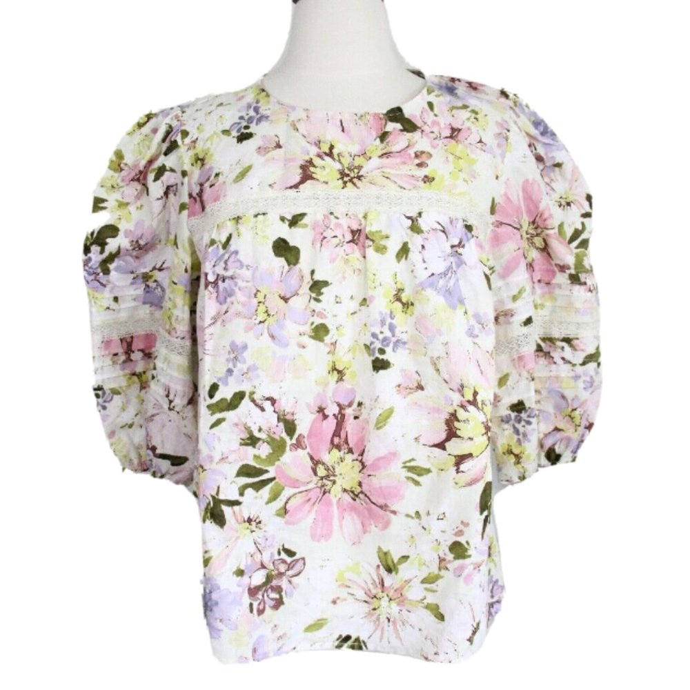 Women Whimsical Floral Top Small NEW Linen Blend Shirt Cottagecore
